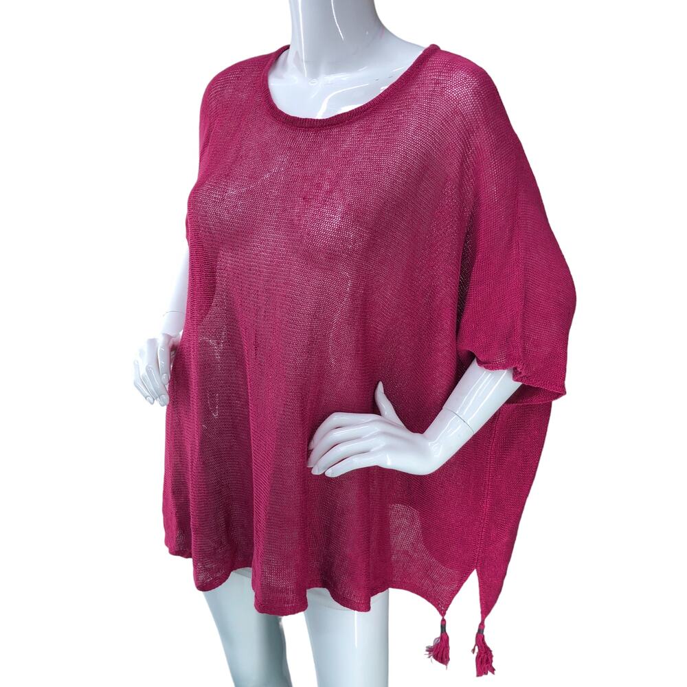 Johnny Was Calme Womens Size XS/S Organic Linen Poncho With Tassels Magenta